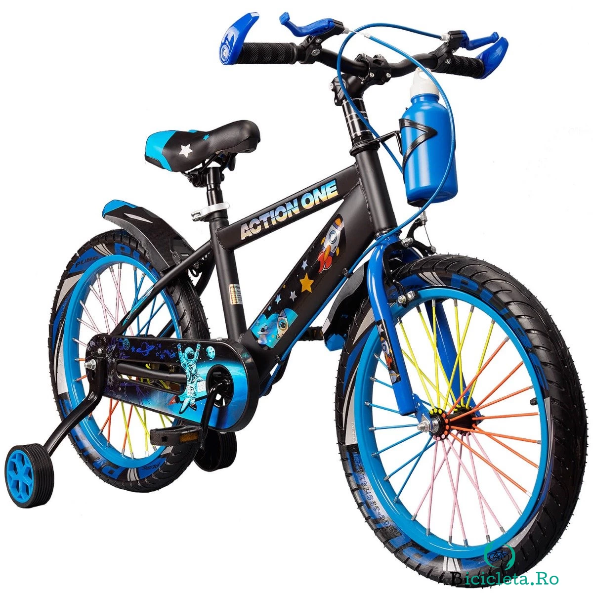 Bicicleta cu roti ajutatoare si bidon pentru apa Super Nova II, Action One, 20 inch, Albastru